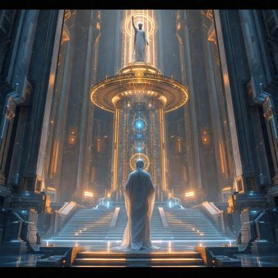 The primary subject of the image is a person, likely a woman, standing in a large, ornate room with a staircase. The setting appears to be a futuristic or fantasy-inspired environment, with a mix of gold and blue colors. The visual style of the image is digital art, as it is a well-crafted and detailed illustration. The overall atmosphere of the scene is grand and majestic, with the person standing in front of a large, glowing structure that resembles a tower